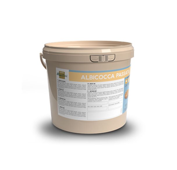 Beige plastic bucket labeled "Albicocca Passata" apricot puree with product information text on the front.
