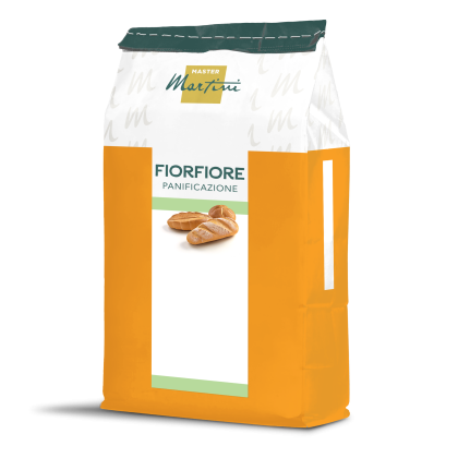 Orange and white bag of Master Martini Fiorfiore Panificazione flour with baguette images on the label.