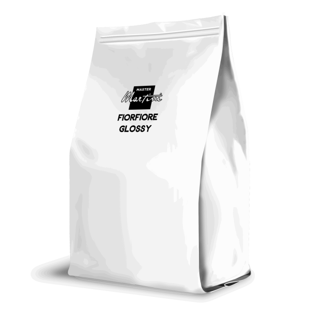 White stand-up pouch bag with black Master Martini logo, labeled "Fiorfiore Glossy," resealable zipper top.