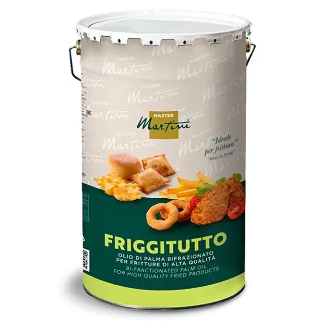 Metal pail of Master Martini Friggitutto bi-fractionated palm oil, with fried food images on green label.
