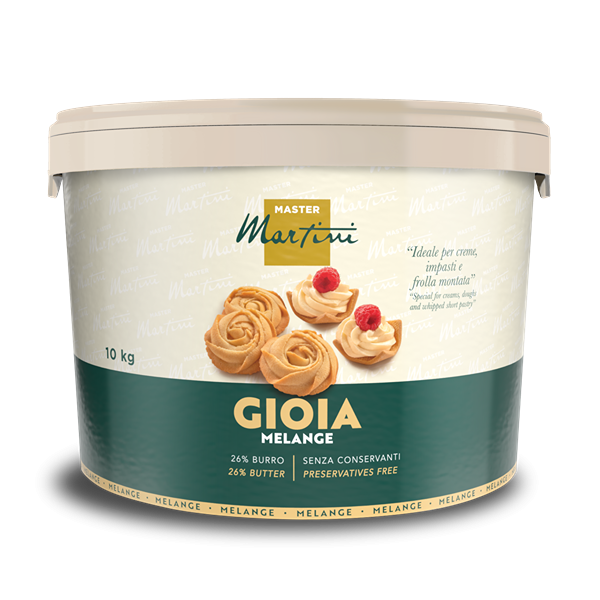 10 kg tub of Master Martini Gioia Melange baking cream, 26% butter, preservative-free, with pastry swirl images.