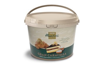 Beige plastic bucket of Master Martini Gran Caravella spreadable cream with croissant and layered cake imagery on label.