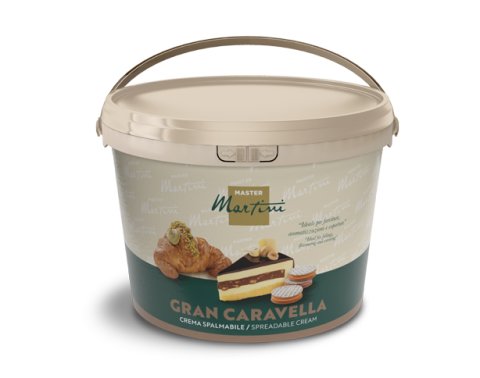 A beige bucket of Master Martini Gran Caravella spreadable cream, labeled with images of a croissant and layered cake...