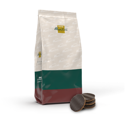 Bag of Master Martini Gran Centramè product with green and brown label, beside a stack of chocolate wafer discs.