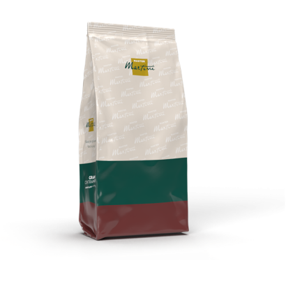 Stand-up pouch of Master Martini coffee blend with white top, green and maroon bottom sections.