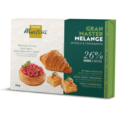 Master Martini Gran Master Melange 2kg box, 26% butter, showing croissant, danish pastry, and puff pastry bites.