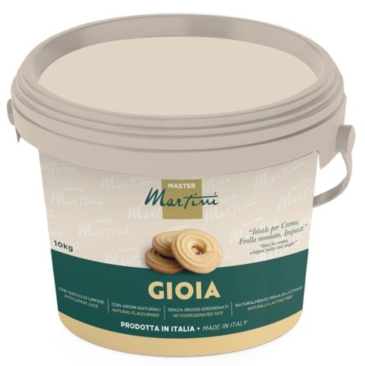A 10kg gray plastic bucket of Master Martini Gioia pastry cream, labeled for creams, whipped pastry, and dough, made ...