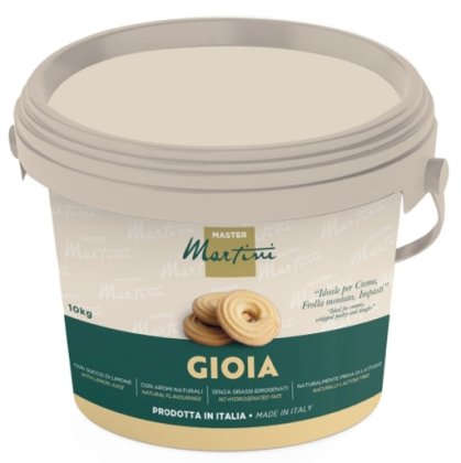 A 10kg gray plastic bucket of Master Martini Gioia pastry cream, labeled for creams, whipped pastry, and dough, made ...