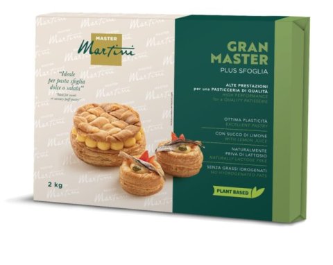 Master Martini Gran Master Plus Sfoglia 2kg puff pastry box with cream puff and savory tart photos.