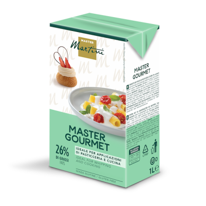 1L carton of Master Martini Master Gourmet cream, 26% fat, gluten-free, for pastry and cooking use.
