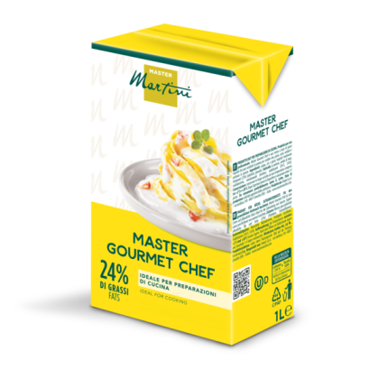Yellow 1L carton of Master Martini Gourmet Chef cooking cream, 24% fat, with a pasta dish image on the label.