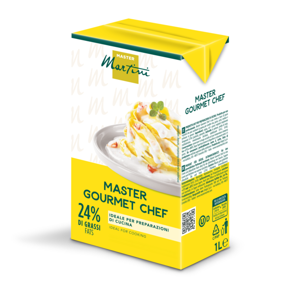Yellow 1L carton of Master Martini Gourmet Chef cooking cream, 24% fat, with a pasta dish image on the label.