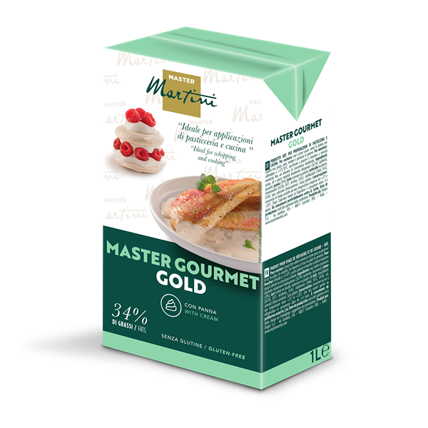 1L carton of Master Martini Master Gourmet Gold cooking cream, 34% fat, gluten-free, with dessert and fish dish images.