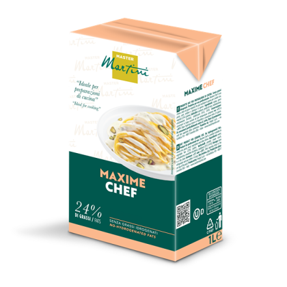1-liter carton of Master Martini Maxime Chef cooking cream, 24% fat, no hydrogenated fats, peach and teal packaging.