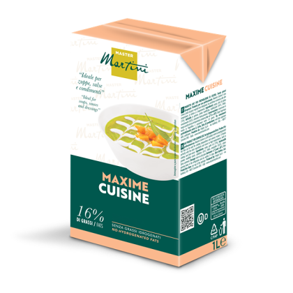 1L carton of Master Martini Maxime Cuisine cooking cream, 16% fat, with a bowl of green soup pictured on the label.