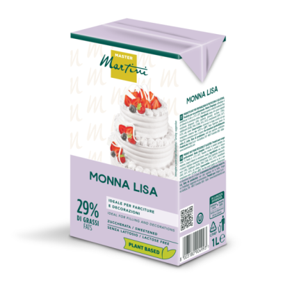1L carton of Master Martini Monna Lisa plant-based whipping cream, 29% fat, lactose-free, with tiered cake image.