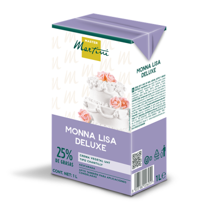 Purple 1L carton of Master Martini Monna Lisa Deluxe whipping cream, 25% fat, with tiered cake image.