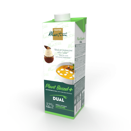 Carton of Master Martini Plant Based+ Dual cream, lactose-free, with images of soup and dessert on the label.
