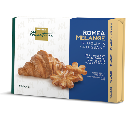 2000g box of Master Martini Romea Melange pastry fat for croissants, showing a croissant and star-shaped pastry.