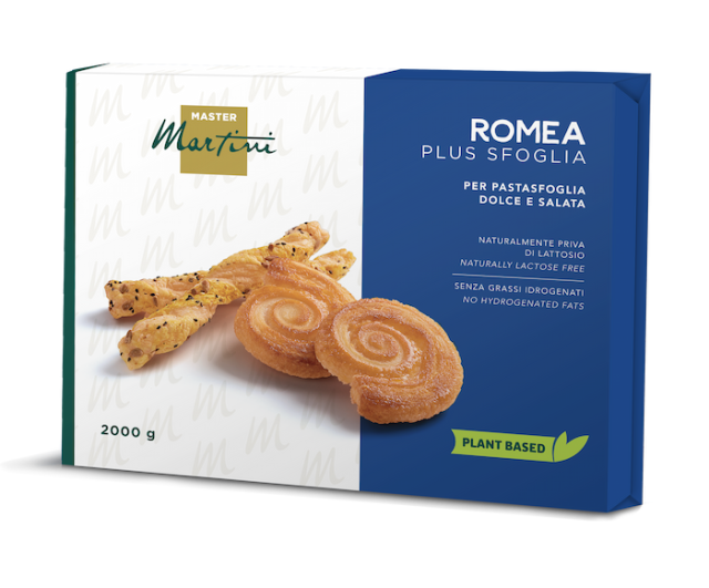 Master Martini Romea Plus Sfoglia 2000g box featuring puff pastry palmiers and twists, labeled plant-based and lactos...