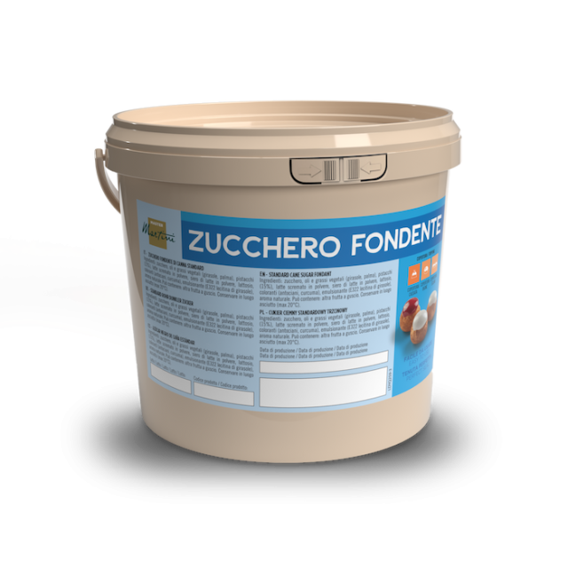 Beige plastic bucket labeled "Zucchero Fondente" with a blue and white label, on a white background.