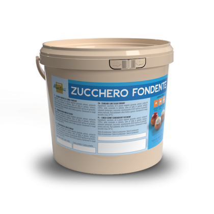 Beige plastic bucket labeled "Zucchero Fondente" with a blue and white label, on a white background.