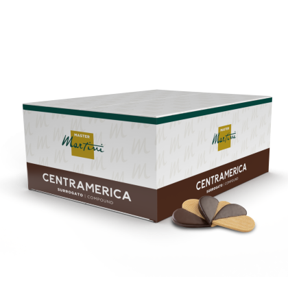 Box of Master Martini Centramerica chocolate compound coating, with dark chocolate-coated wafer discs displayed besid...