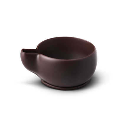 Dark brown ceramic pouring bowl with a small spout and matte glaze finish, set against a white background.