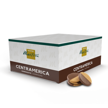 White and brown Master Martini Centramerica compound box beside round chocolate-dipped wafer cookies.