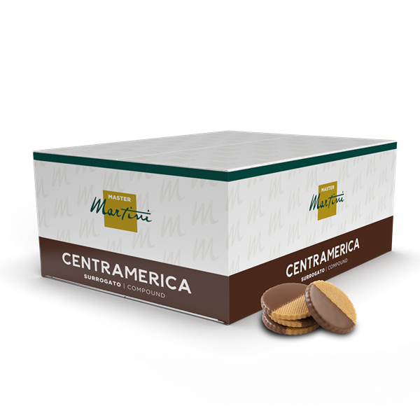 White and brown Master Martini Centramerica compound box beside round chocolate-dipped wafer cookies.