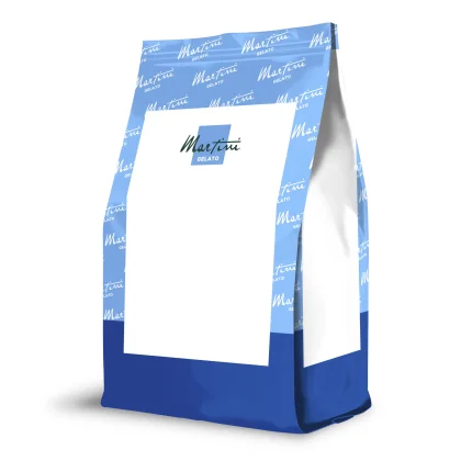 Blue and white stand-up pouch bag mockup with "Martini Gelato" branding and blank label space for product design.