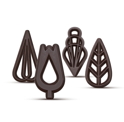 Four dark brown decorative pendant shapes, including teardrop and leaf designs with cutout patterns, on a white backg...