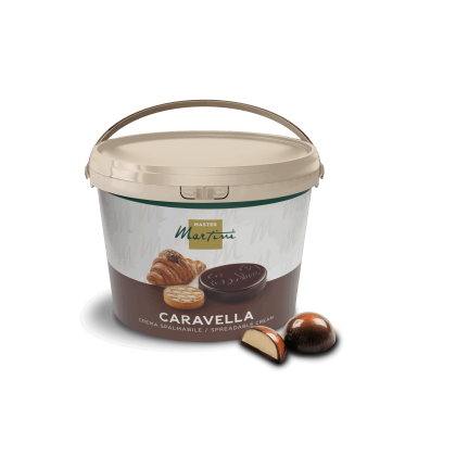A beige bucket of Master Martini Caravella spreadable cream beside a filled chocolate truffle and pastries with choco...
