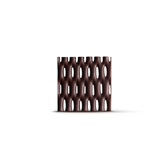 Dark brown rectangular panel with a woven basket-weave pattern of vertical oval perforations, set against a white bac...