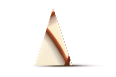 A triangular piece of white chocolate with a swirl of dark caramel or chocolate sauce running diagonally through it.
