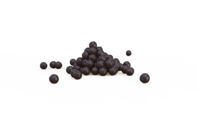 Small pile of dark purple round pellets on a white background, with a few scattered separately.