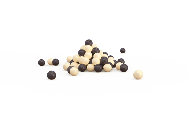 A pile of cream and dark brown spheres with a few scattered separately, on a white background.