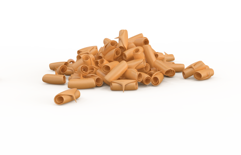 A pile of tan tube-shaped pasta pieces, resembling garganelli or rigatoni, on a white background.