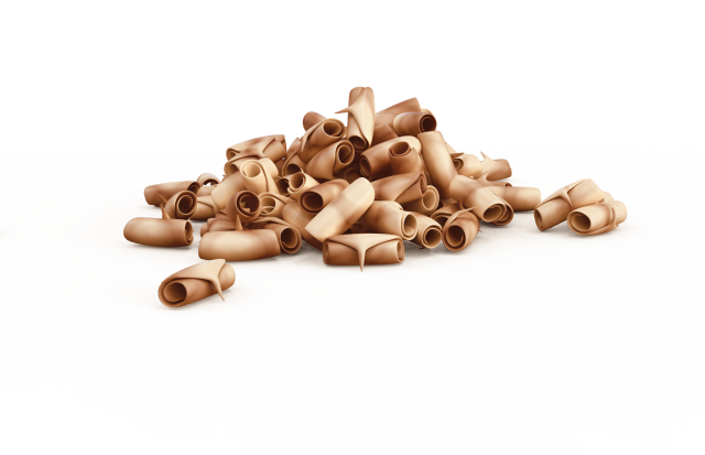 Pile of curled wood shavings on a white background.