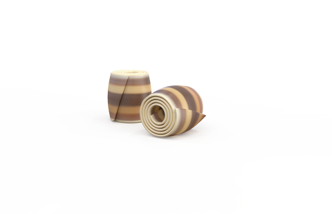 Two rolled striped chocolate swirls in light and dark brown layers, standing upright on a plain white background.