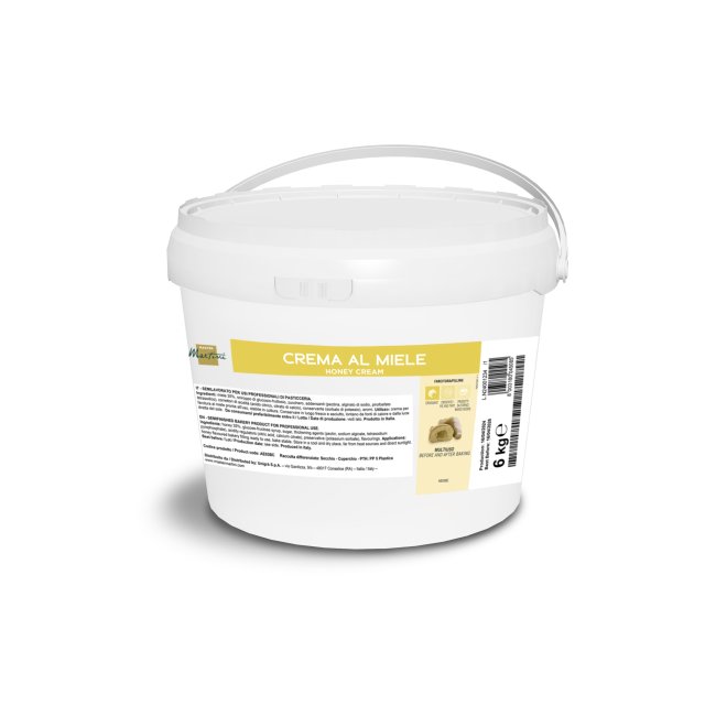 A white 6 kg plastic bucket with a handle, labeled "Crema al Miele" honey cream for professional bakery use.