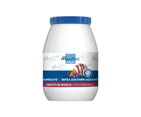 White tub of Martini Gelato with blue lid, labeled Wild Berries, no added sugar, on a white background.