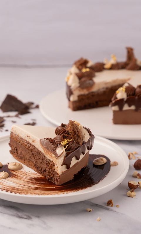 A slice of layered chocolate hazelnut mousse cake on a plate, with the rest of the cake in the background.