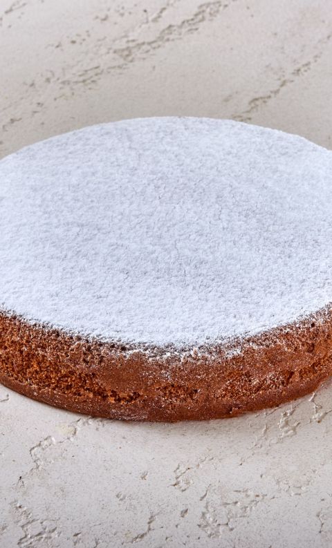 Round golden-brown cake dusted with powdered sugar on a textured light gray surface.