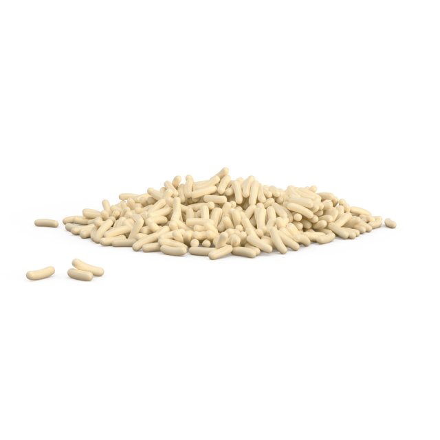 Small pile of cream-colored cylindrical pellets or granules on a white background, with a few scattered pieces nearby.