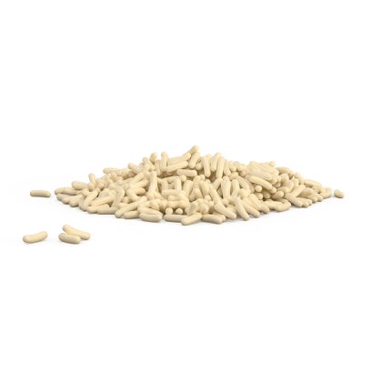 Small pile of cream-colored cylindrical pellets or granules on a white background, with a few scattered pieces nearby.