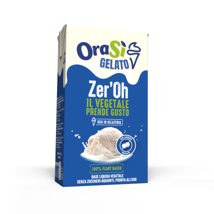 Blue and white carton of OraSì Gelato Zer'Oh plant-based liquid base, with an ice cream scoop graphic on the label.